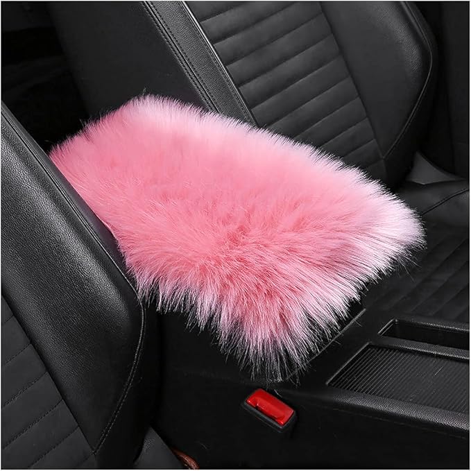 Furry Auto Center Console Cover Pad, 11.8"x7.8" Soft Sheepskin Wool Armrest Cushion, Fluffy Vehicle Armrest Seat Box Protector, Car Interior Accessories for Women Men (Deep Pink)