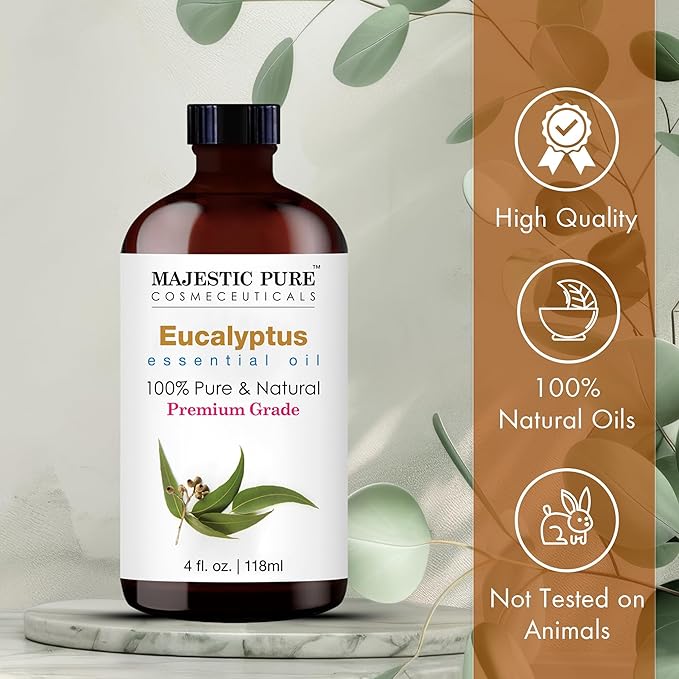 Majestic Pure Essential Oil with Glass Dropper - 100% Pure and Natural - Essential Oils for Diffuser, Aromatherapy, Soap and Candle Making, Eucalyptus Essential Oil, Eucalyptus Oil, 4 Fl Oz