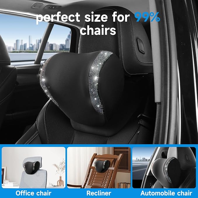 2 Pack Diamond Car Neck Pillow for Women, Memory Foam Neck Pillow for Chair for Lower Back Pain Relief, Car Headrest Pillow with Adjustable Strap, Comfort Softness Neck Support Pillow(Black)
