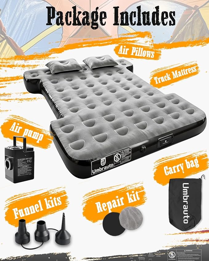 Umbrauto Built-in Pump Air Mattress for 5.5-5.8ft Short Truck Bed, Inflatable Full-Size Pickup Airbed for Ford F150, Chevy Silverado, GMC Sierra, Dodge Ram, Toyota Tundra, Nissan Titan Outdoor Camping