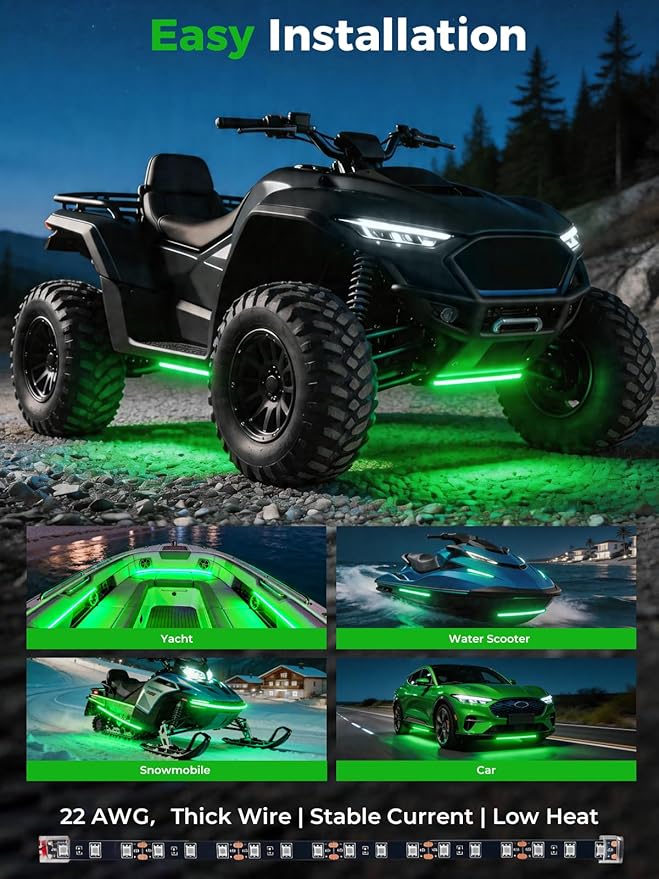 LED Strip Lights 12V Cuttable IP68 Waterproof 12 Inch Interior Exterior Underbody Light for Car SUV Truck Motorcycle Boat Golf Cart 18 SMD 5050 Green 4 Pack
