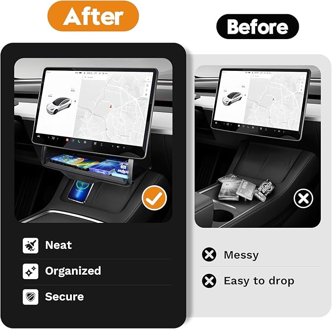 Canvcle Hidden Under Screen Storage Box for 2016-2026 Tesla Model Y/Model 3 Accessories,One‑click open & Silent Damping Slides Center Console Organizer (Fit New Model Y Juniper/Model 3 Highland)