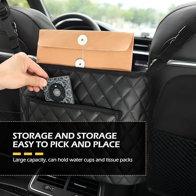 Car Purse Holder Between Seats, Hanging Large Capacity Snack Cup Bag Document Storage Bag, Multi-functional Organizer for Easy Travel, Auto Interior Backseat Barrier (Black)