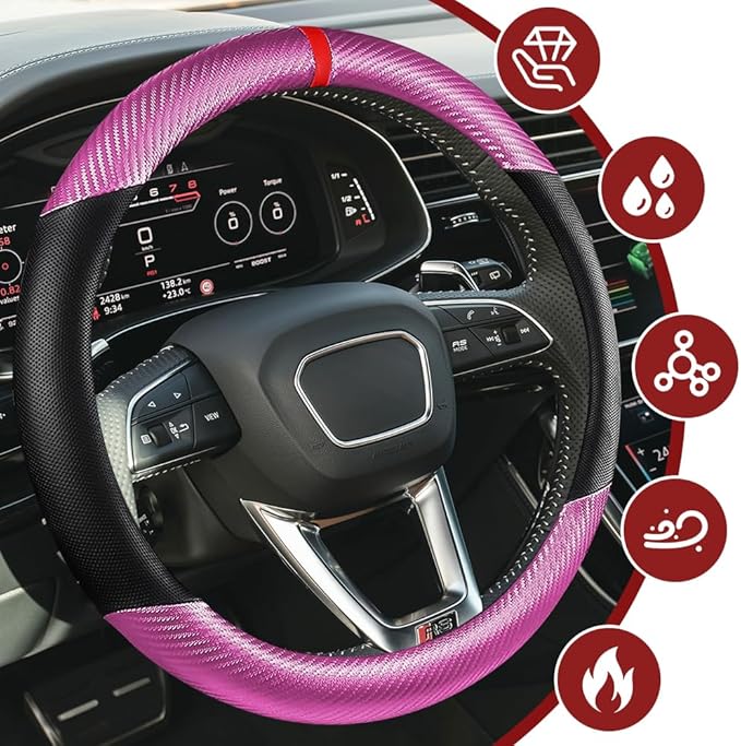 Car Steering Wheel Cover, Steering Wheel Accessories, 15 Inch Microfiber Leather Carbon Fiber Soft Anti-Slip Breathable, Car Accessories Elastic Non-Slip Cover for Most Vehicles (Pink)