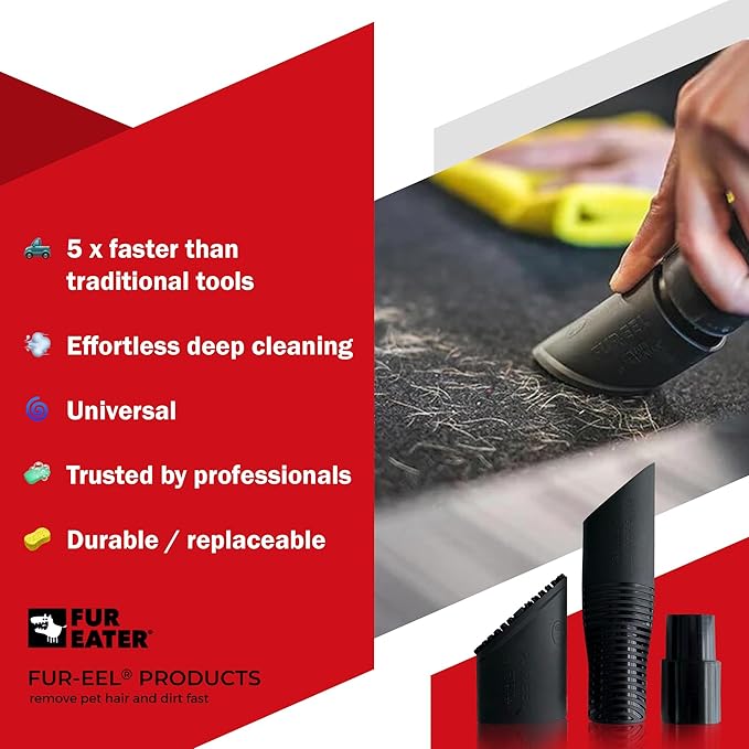 Fur-EEL Pet Hair Removal Tool for Car & Home | Universal Vacuum Attachment for Dog & Cat Hair | Fits 1-1/4" or 1-3/8" Hoses | Lint Remover with Soft Rubber Bristles | Easy to Clean & Reuse