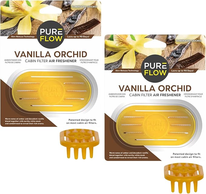 PUREFLOW Cabin Filter Air Freshener with Odor Eliminator - Fits on Most Car, Truck, and SUV Cabin Air Filters - Vanilla Orchid (Pack of 2)