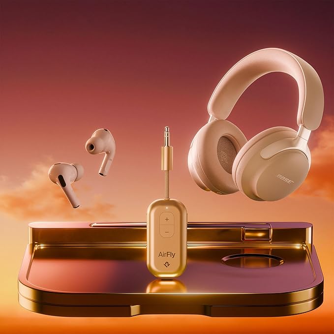 Twelve South AirFly Pro | Bluetooth Wireless Transmitter/Receiver Adapter for 2 Headphones, Audio Sharing, Compatible with 3.5mm aux Jack for Airplanes, TV, Gym, Stereo, and Travel, Gold
