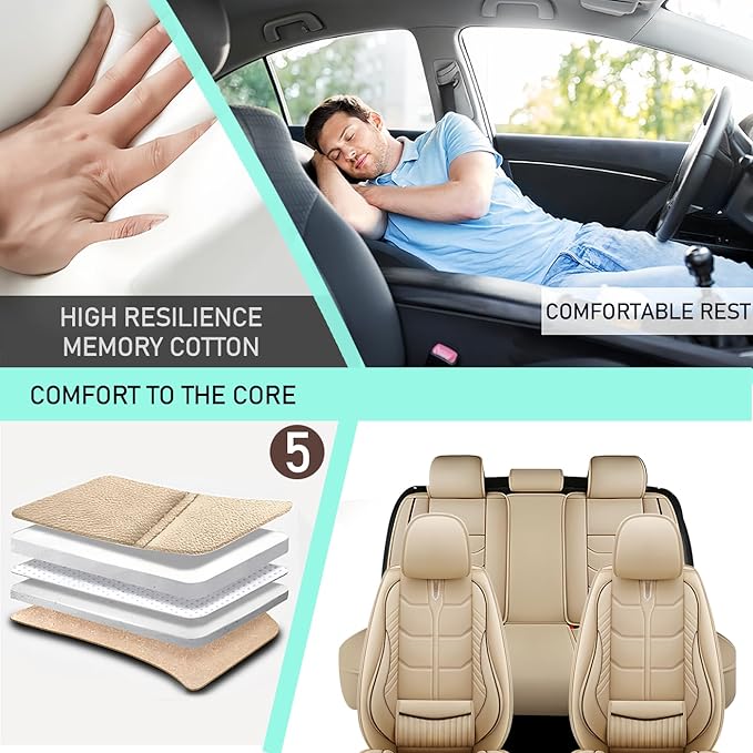 Leather Car Seat Covers Fit for Toyota Camry Solara 2004-2008, 5 Seater Car Seat Cover, Premium Waterproof, Scratch Resistant Car Interior Accessories (Full Set Beige)