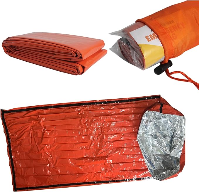 Emergency Sleeping Bags for Survival，2 Pack Bivvy Bag， Storage Bag with Whistle， Camping, Hiking Keep Warm, Outdoor Adventures