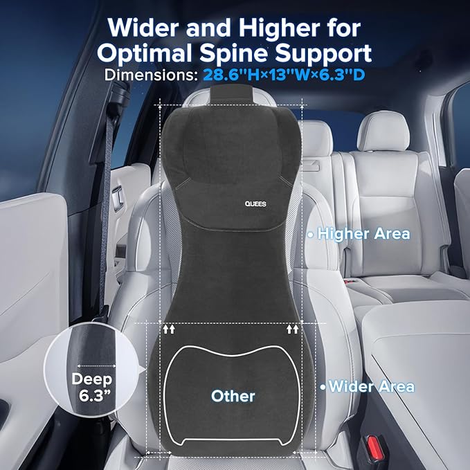 Lumbar Support Pillow for Car with Headrest, Memory Foam Cushion for Back & Neck Support, Muscle Fatigue Relief, Full-Length S-Curve Support for Long Drives, Fits Cars, SUVs, Trucks