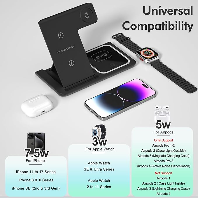 3 in 1 Wireless Charger Charging Station, Wireless Charger Stand for iPhone17 16 15 14 Pro Max 13 12 11,Charging Dock for AirPods 4 3 2 Pro, Apple Watch 11/10/9/Ultra/8/SE/7/6/5/4/3
