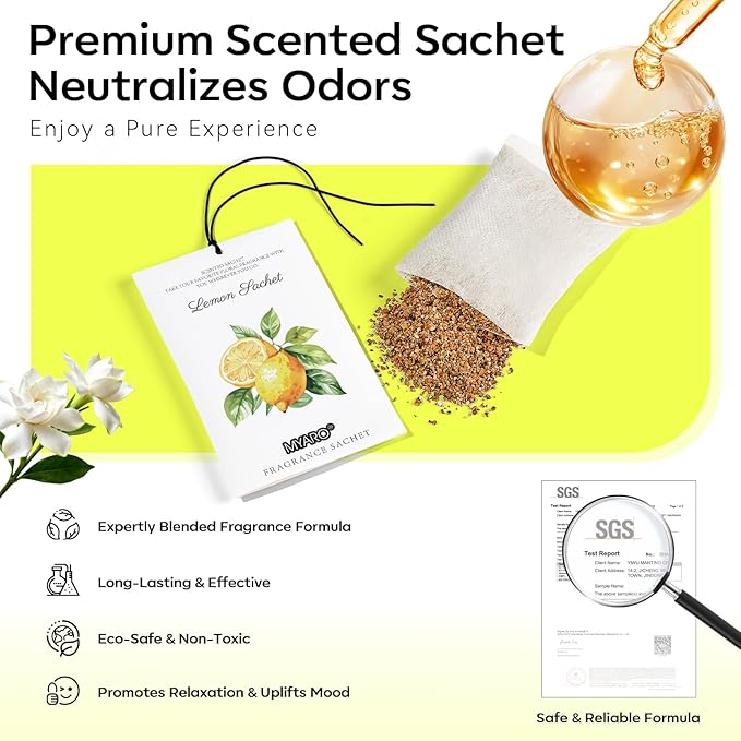 MYARO 12 Packs Lemon Scented Sachets for Drawer Closet Bathroom Odor Eliminator - Fresh Home Fragrance Car Air Frehener