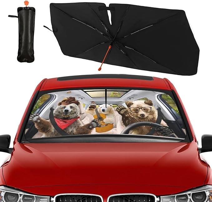 Socira Funny Bear Car Window Shades Windshield Sun Shade Umbrella Foldable Bear Sunshade for Front Window Auto Windshield Sunshade Covers Bear Car Accessories 57'' X 30''