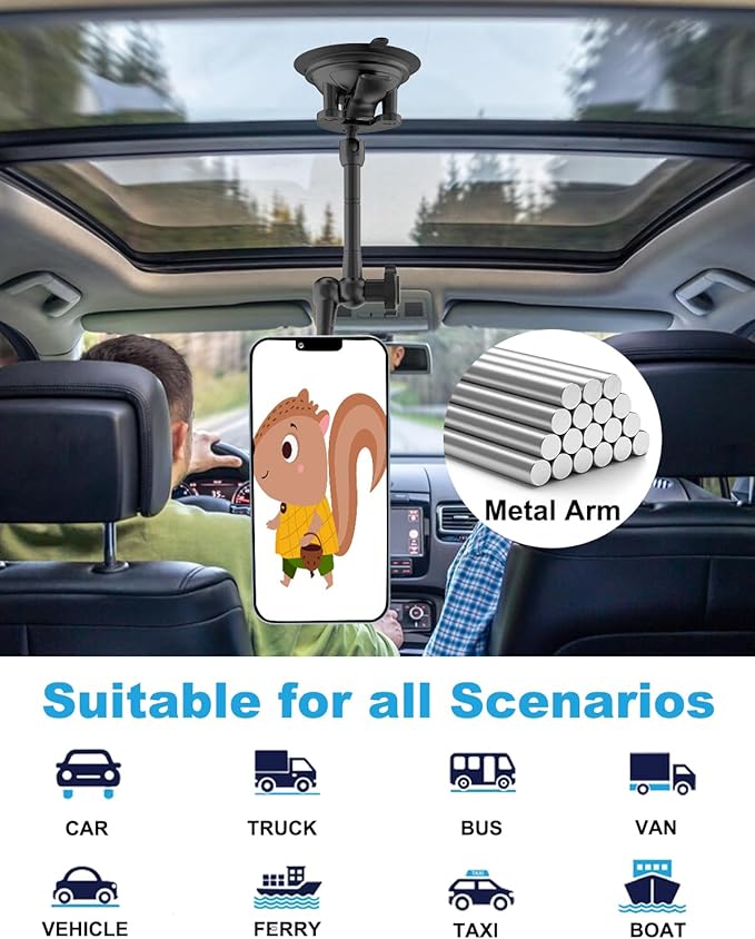 Heavy Duty Magnetic Tablet Mount for Truck Dashboard Windshield, Long Arm Suction Cup Car Mount for iPad Pro Air Mini 4–11'', MagSafe Holder for SUV Van Pickup iPhone 16/15 Galaxy