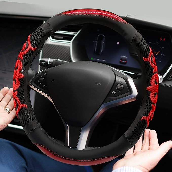 Sport Style Black Leather Steering Wheel Cover with Red Lucky-Cloud-Design Grip Steering Wheel Accessory,Universal Fit 14.5-15.25 inch Steering Wheel