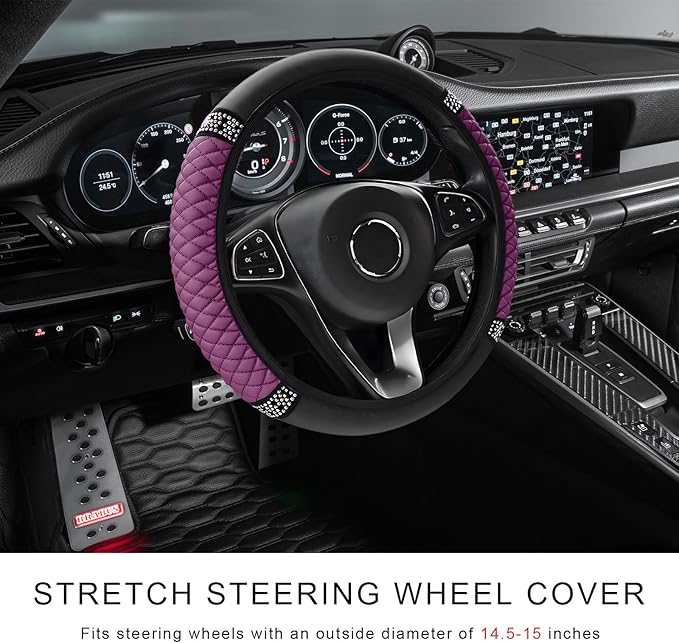Bling Soft Leather Steering Wheel Cover, 14.5-15 Inch Sparkly Rhinestones Non-Slip Car Steering Wheel Protector, Elastic Auto Steering Wheel Cover Interior for Women Girls (Purple)