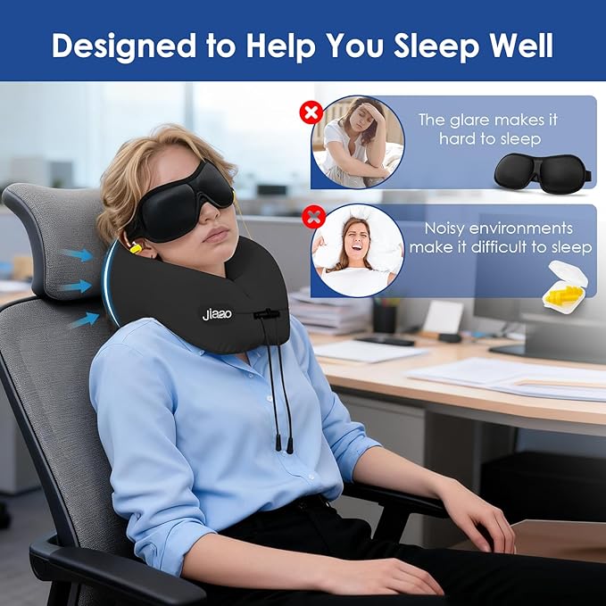 jiaao Travel Pillow Memory Foam Neck Support, Advanced Memory Foam Neck Pillow for Airplanes, Cars & Trains with Eye Mask, Earplugs & Storage Bag