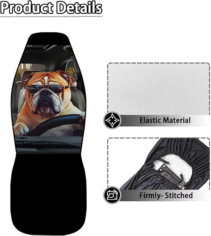 Soft Front Car Seat Covers Bulldog and Cat Full Wrapping Edge Premium Polyester Seat Covers Universal Automotive Seat Cushion Covers for Sedan,Vans,Trucks