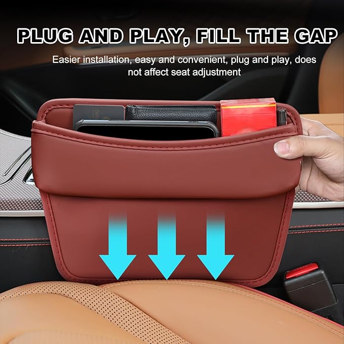 DXNQ Large Capacity Car Seat Gap Filler Organizer, Leather Car Front Seat Slot Storage Box Keeps Car Tidy, Portable Car Seat Gap Filler with 2 Charge Holes for Phones Glasses Keys Cards (Red)