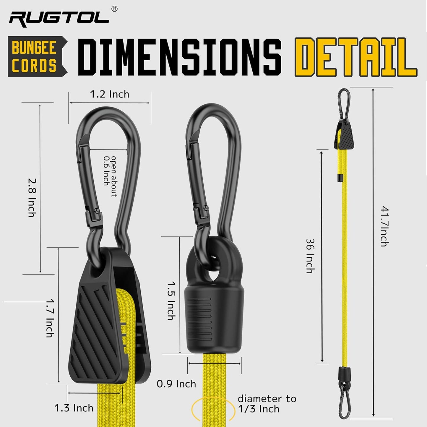 Bungee Cords with Hooks, 36 Inch Adjustable Yellow Bungee Cords with Carabiner Heavy Duty Outdoor, 8mm Thick Easy to Adjust Bungee Rope UV Resistant for Tarp, Bike Rack, Garden, Binding, 6 Pack