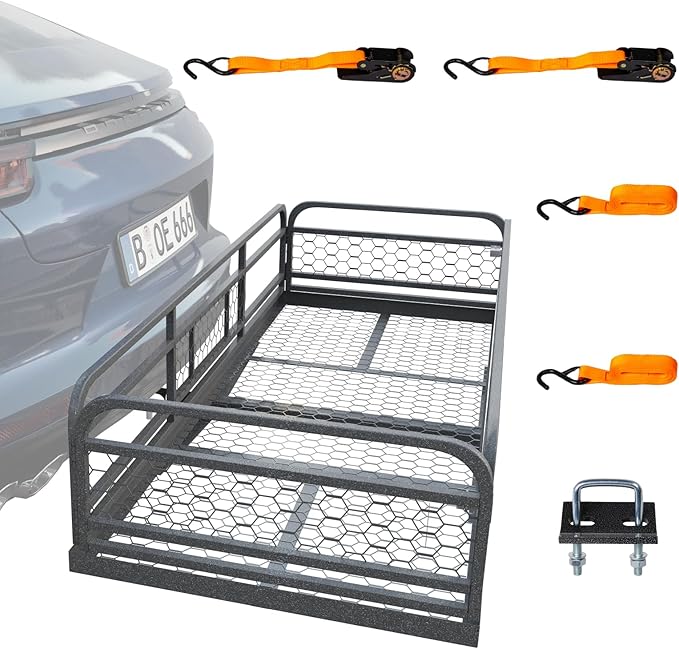 TUFFIOM 60"x24"x14" Folding Hitch Mount Cargo Carrier Basket, Upgraded 14" Height 500lbs Steel Car Cargo Trailer Hitch Luggage Rack with Straps & Stabilizer for SUV Car Truck Van