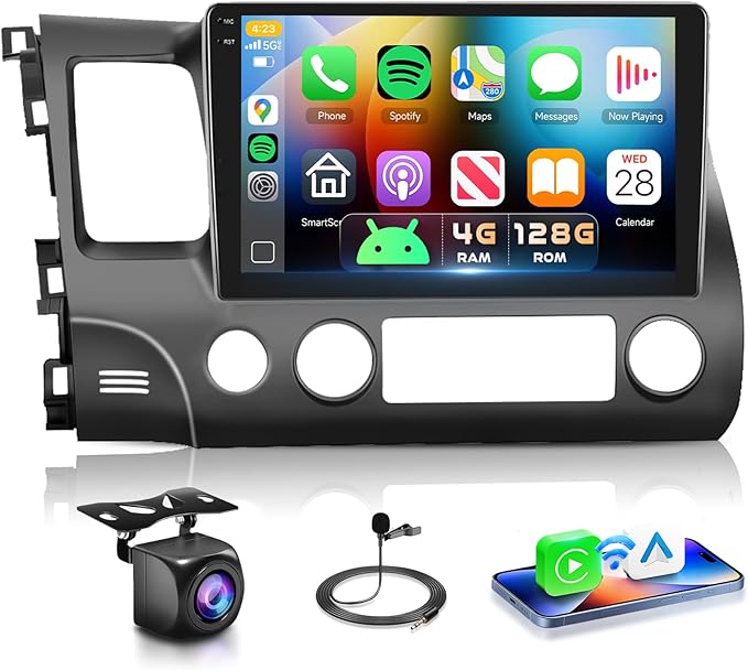 4G 128G Car Stereo for Honda Civic 2006 2007 2008 2009 2010 2011 Radio,10.1" Incell Touchscreen Wireless Carplay Android Auto 36EQ Bluetooth 5.0 Android 15 GPS WiFi FM/RDS Backup Camera