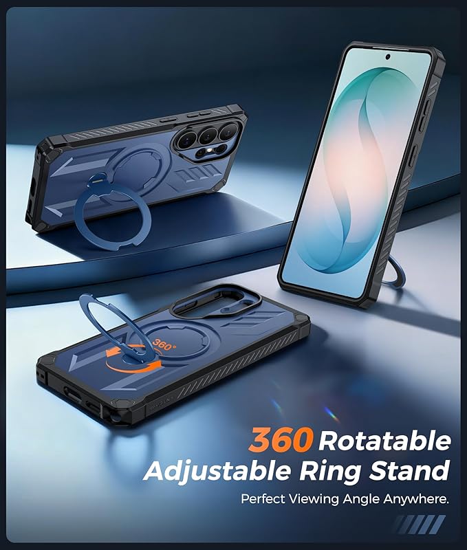 FNTCASE for Samsung Galaxy S26-Ultra Case: [360 Spin Magnetic Ring Kickstand] [Compatible for MagSafe] [Screen Protector] Heavy Duty Military Grade Protection Protective Phone Case with Stand Blue