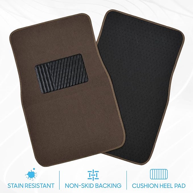 BDK Premium Dark Beige Carpet Floor Mats for Cars - Universal Fit Interior 4-Piece Car Mats Full Set with Vinyl Heel Pad Protector - Cute Car Accessories Interior Floor Covers for SUVs & Trucks