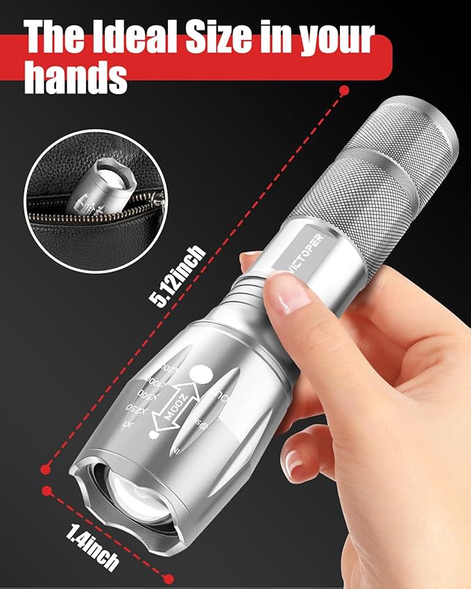 Victoper LED Flashlight 2 Pack Silver, Bright High Lumens Tactical Flashlights High Lumens with 5 Modes, Waterproof Zoomable Flash Light for Outdoor, Gifts for Hiking Camping Essentials Gear