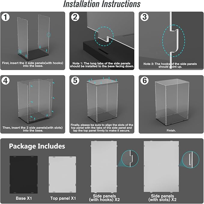 Choowin Acrylic Display Case for Zimomo Display for Labubu Display, 24 inch Tall Assemble Dustproof Display Box, Thickened Large Clear Display Cases for Collectibles Figures Dolls (Black Base)