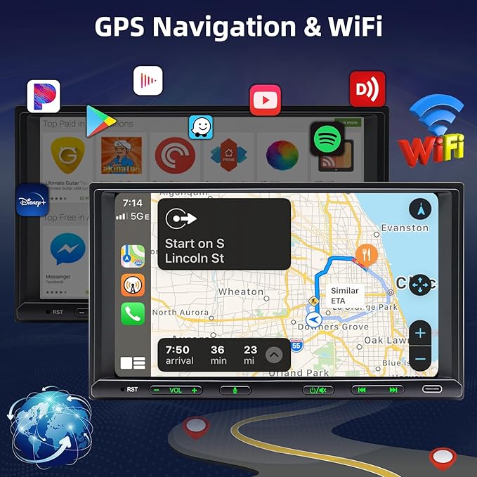 Double Din Car Stereo Radio Wireless CarPlay Wireless Android Auto, 7in Touchscreen Car Audio Receiver with Bluetooth,Rearview Camera,AM/FM, GPS Navigation,Mirror Link,Subwoofer,USB/AUX/SWC