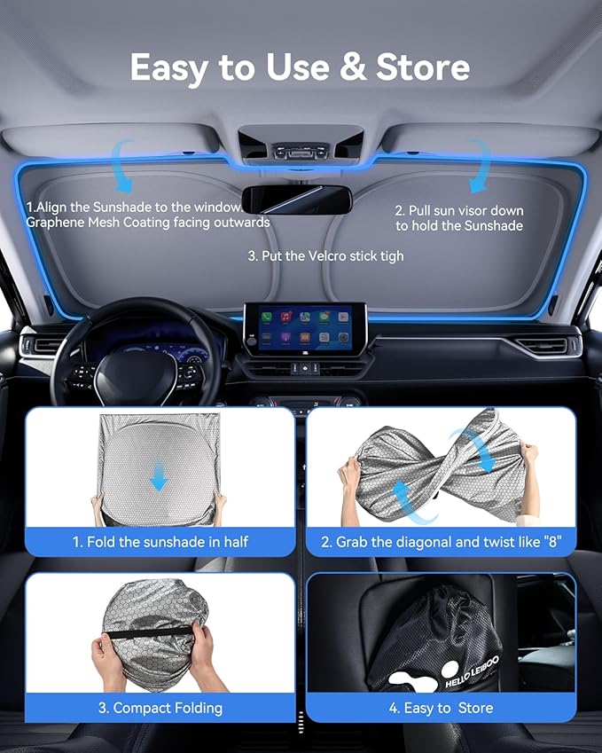 helloleiboo Graphene Car Windshield Sun Shade Car Sun Shade for Windshield with Heat Absorption Coating Foldable Design with UV Protection to Keep Your Car Interior Cooler Silver (Large-61 × 32 in)