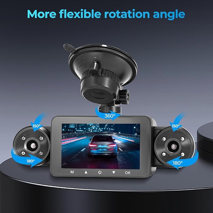 4 Channel Dash Cam 360° View, Include Front & Rear Left Right Camera Support 4 Way Recording, 32GB Card, 3” IPS Screen/Night Vision/WDR/24H Parking/G-Sensor（2G/4G/8G / 3 Split Screen (4 Channel)