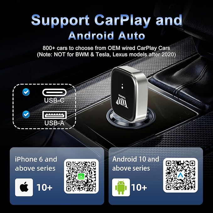 Mini Wireless Adapter for Carplay & Android Auto, 2026 Upgraded, Converts Wired to Wireless CarPlay Dongle, Plug & Play, Fast Stable Connection, Compact Design for iPhone & Android with USB/USB-C