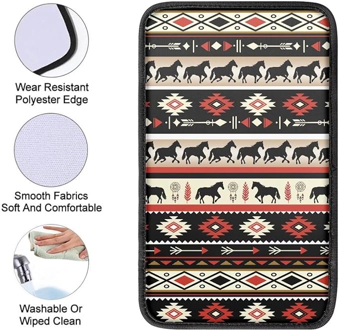 Dreaweet Aztec Ethnic Tribal Horse Car Center Console Cover Southwestern Car Armrest Cover Center Console Cushion Pad Soft Comfy Arm Rest Cover for Car Truck SUV Van