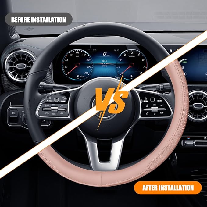 Car Steering Wheel Cover, 14.5-15" Breathable Soft Leather Vehicle Steering Wheel Protector with Anti-Slip Lining, Comfortable Auto Interior Decoration Accessories, Universal Fit (Pink)