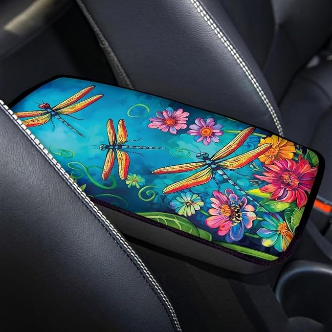 Dreaweet Dragonfly and Flower Print Car Center Console Armrest Cover Pad Soft Universal Center Console Armrest Cover Protector for Vehicle SUV Trucks Sedan Cute Car Accessories for Women Girly