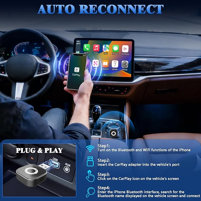 4-in-1 Wireless CarPlay Adapter for Apple CarPlay & Android Auto & AirPlay & MirrorLink, 2026 Upgraded Screen Mirroring Mini USB Adapter with Type-C Extension, Low Latency, Plug & Play