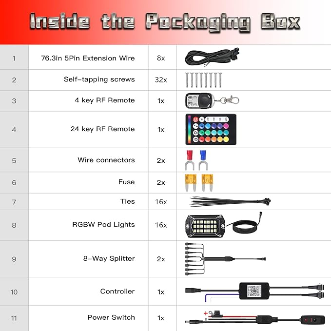 16 Pods Full Angle RGBW LED Rock Lights for Truck Jeeps RV Pickup Offroad UTV SUV Van, RGB and White Waterproof Multicolor Neon Underglow Kit with APP/RF Remote Vehicle Underbody Light Underneath 12V