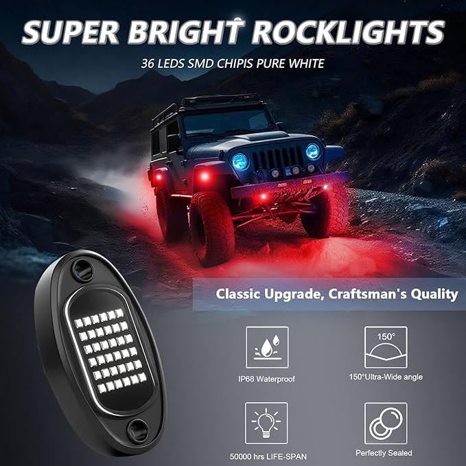GSRECY Rock Lights Ultra Bright LED Neon Underglow Lights Waterproof for Trucks Pickup SUV UTV ATV RZR Car Boats Motorcycle (Red, 20 Pods+ 33ft Wire Harness)