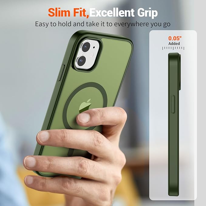 SUPFINE Magnetic for iPhone 12 Mini Case & iPhone 13 Mini Case (Compatible with MagSafe) (Military Grade Drop Protection) Slim Translucent Matte Shockproof Phone Cover,Cangling Green