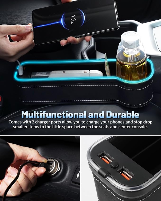 Shademax RGB Color Changing LED Car Seat Gap Filler Organizer Console Side Seat Gap Storage Box with Cup Holders and USB Chargers for Car Interior Accessories (2 Pack)