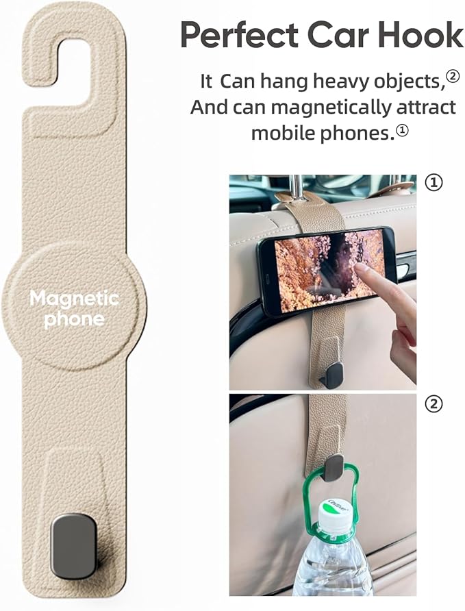 Car Headrest Hook with Swivel Magnet Phone Holder for Magsafe, 2-in-1 Double Hooks Hanger for Purse Bag, 360° Rotating Hands-Free Car Accessories for Handbag Coat Umbrella(1 Pack Milkshake White)