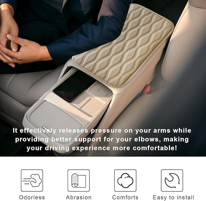 Car Center Console Cushion Pad, 12.48×7.40 Inches Waterproof Car Armrest Seat Box Cover, Comfortable PU Leather Vehicle Armrest Cover Protector, Car Decor Interior Accessories (Beige)