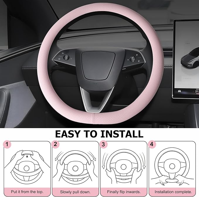 Microfiber Leather Universal 14.5-15 inch Steering Wheel Cover,Easy to Install Non-Slip Breathable Steering Wheel Protector Light Pink