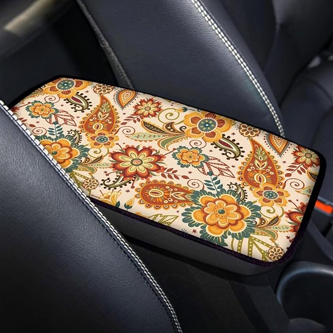 Dreaweet Bohemian Floral Arm Rest Cover for Car Women Soft Anti Slip Armrest Cover Center Console Cushion Pad Boho Car Accessories Universal Fit Most Cars SUV Sedan