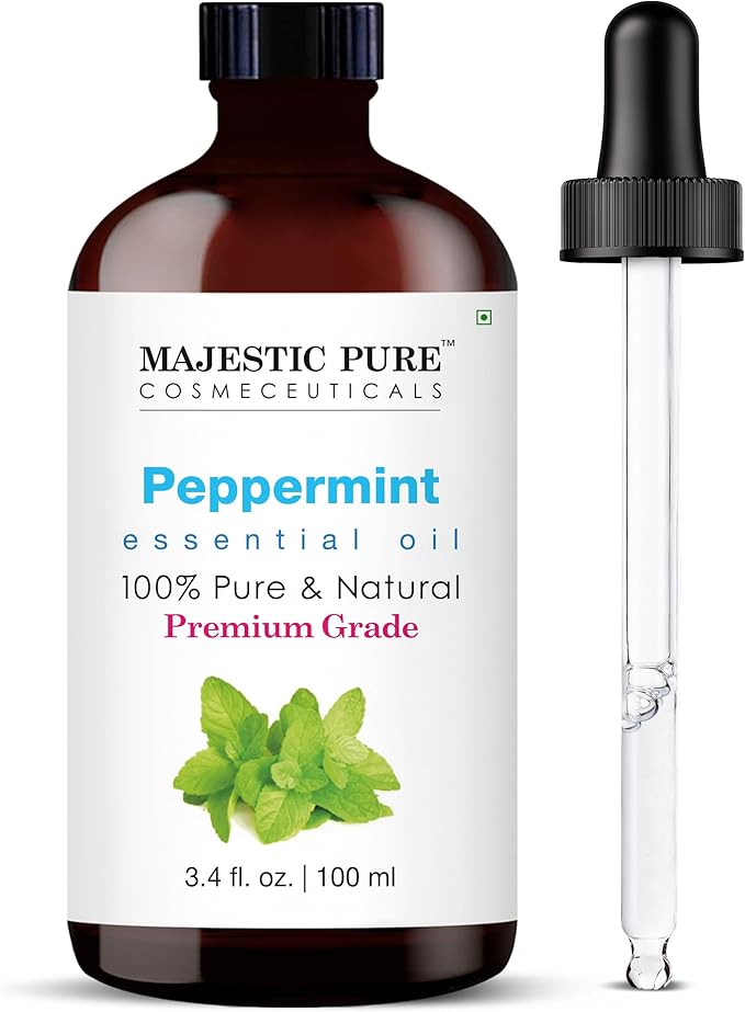 Majestic Pure Essential Oil with Glass Dropper - 100% Pure and Natural - Essential Oils for Diffuser, Aromatherapy, Soap and Candle Making, Peppermint Essential Oil, Peppermint Oil, 3.4 Fl Oz