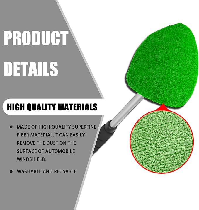 Windshield Cleaner Tool - Portable Car Interior Window Cleaning Kit with Extendable Handle, 4 Microfiber Towel Pads, Auto Glass Wiper for Windshield, Universal for RV, SUV, Truck (Green)