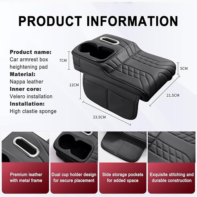 Car Armrest Storage Box for Cadillac XT4 2018–2025 2020 2021 2022 2023 2024, Sport-Style Center Console Organizer with Side Pocket, PU Leather Armrest Cushion, Elbow Support Pad,C Grey