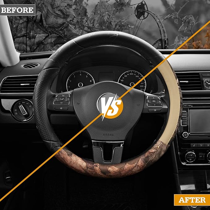Mossy Oak Full Camo Steering Wheel Cover - Made from Premium Leather, Universal Fit for 14 1/2 to 15 inches - Official Licensed Product - Beige Color